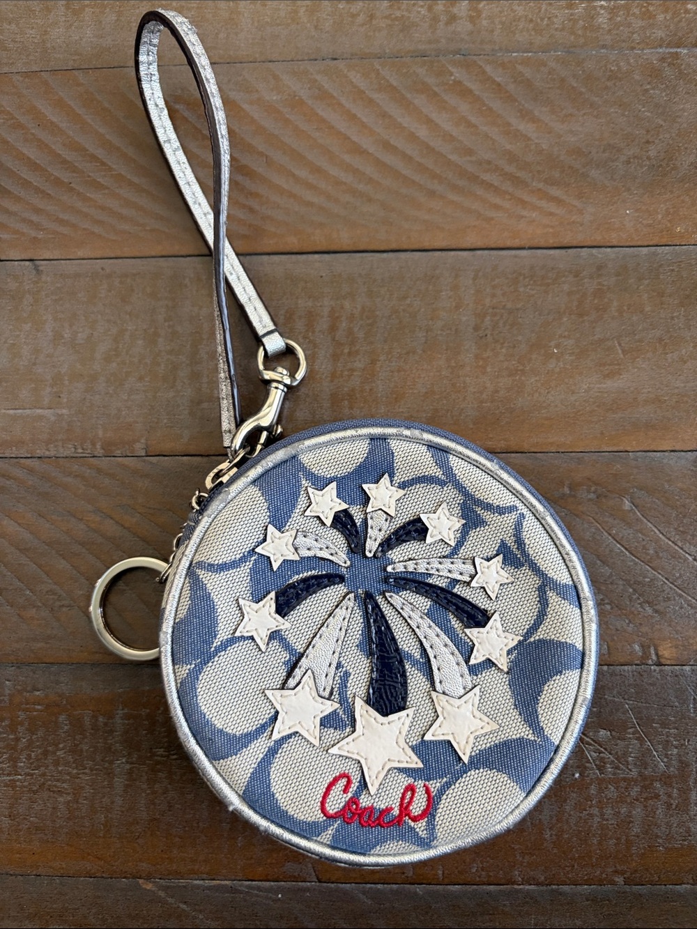 Coach Round Wristlet Coin Purse in Navy, Silver & Red Starburst